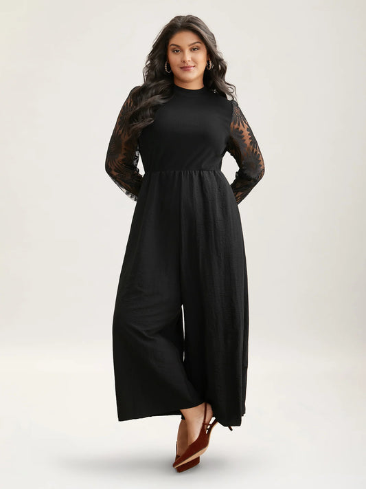 Crochet Lace Mesh Mock Neck Jumpsuit